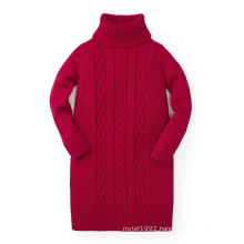 Machine Washable Girl's Custom Ribbed Trim Red Cable Knitted Winter WarmTurtleneck Sweater Dress in 100% Organic Cotton Yarns